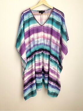 Lane Bryant 18-20 Lavender and Teal Watercolor Stripe V neck Kimono Style Tunic
